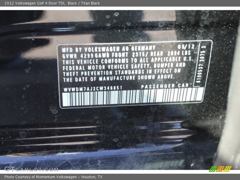 Black / Titan Black 2012 Volkswagen Golf 4 Door TDI