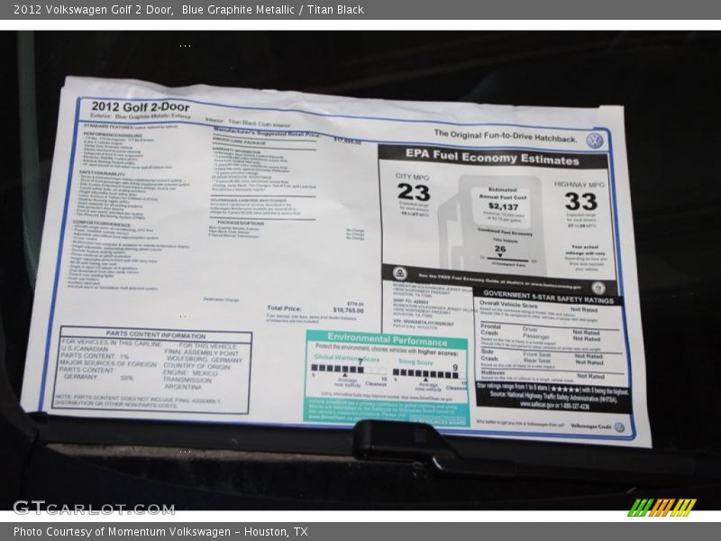 Blue Graphite Metallic / Titan Black 2012 Volkswagen Golf 2 Door