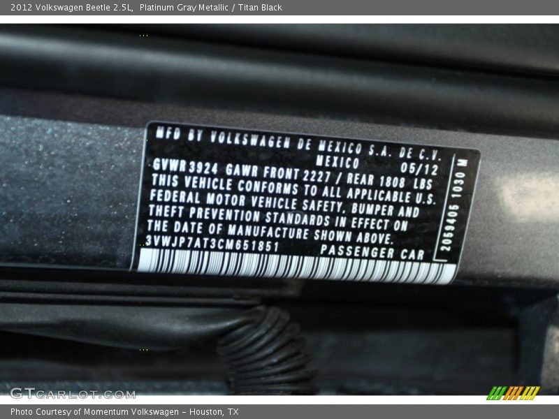 Platinum Gray Metallic / Titan Black 2012 Volkswagen Beetle 2.5L