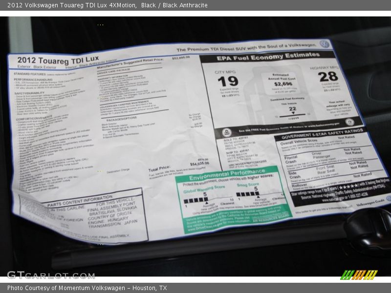 Black / Black Anthracite 2012 Volkswagen Touareg TDI Lux 4XMotion