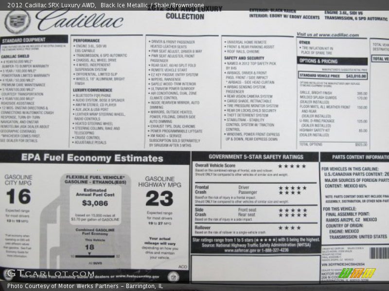  2012 SRX Luxury AWD Window Sticker