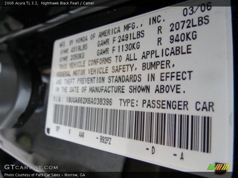 2006 TL 3.2 Nighthawk Black Pearl Color Code B92PZ