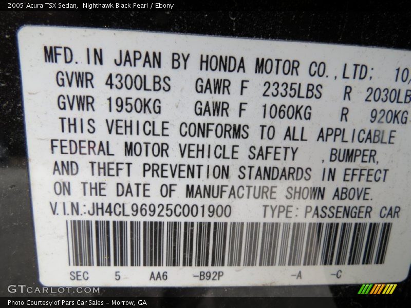 Nighthawk Black Pearl / Ebony 2005 Acura TSX Sedan