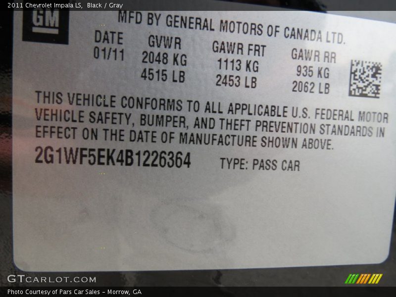 Black / Gray 2011 Chevrolet Impala LS