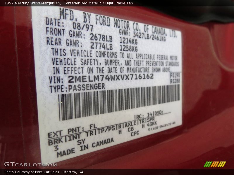 Toreador Red Metallic / Light Prairie Tan 1997 Mercury Grand Marquis GS