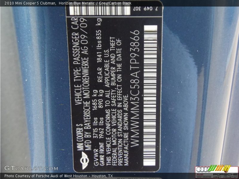 Horizon Blue Metallic / Grey/Carbon Black 2010 Mini Cooper S Clubman