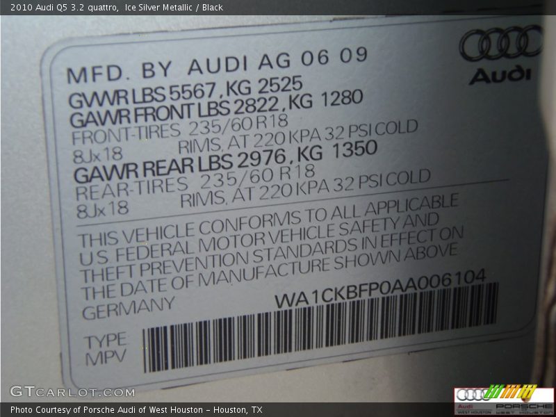 Ice Silver Metallic / Black 2010 Audi Q5 3.2 quattro