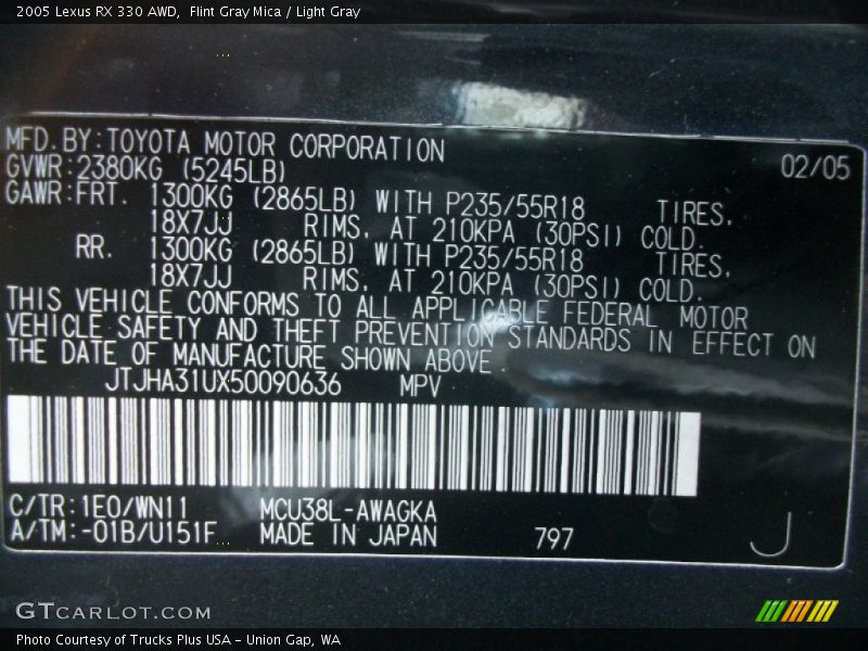 2005 RX 330 AWD Flint Gray Mica Color Code 1E0