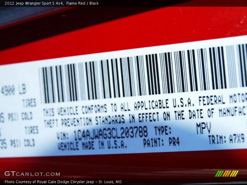 2012 Wrangler Sport S 4x4 Flame Red Color Code PR4