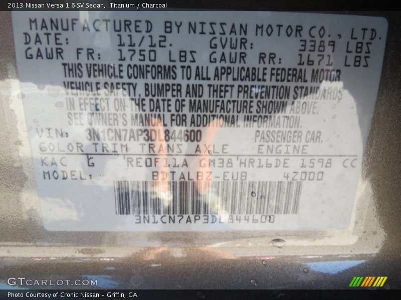 2013 Versa 1.6 SV Sedan Titanium Color Code KAC