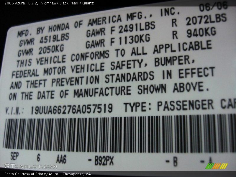 Nighthawk Black Pearl / Quartz 2006 Acura TL 3.2