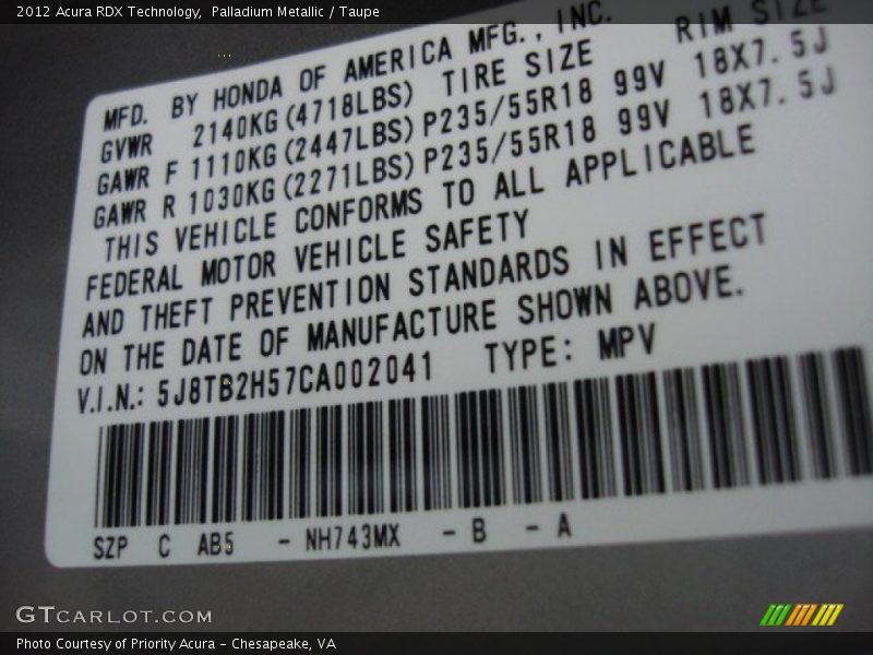 Palladium Metallic / Taupe 2012 Acura RDX Technology