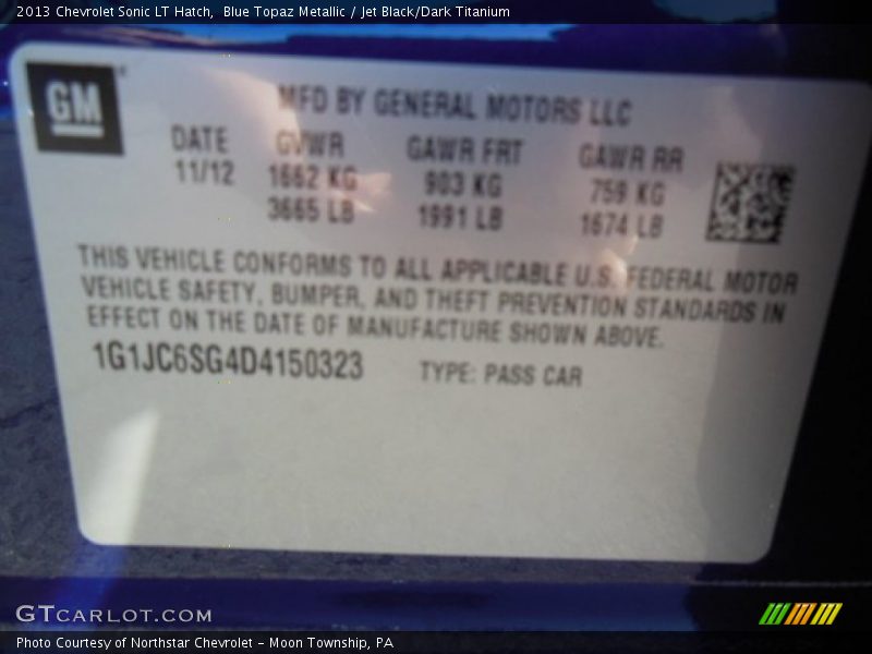 Blue Topaz Metallic / Jet Black/Dark Titanium 2013 Chevrolet Sonic LT Hatch