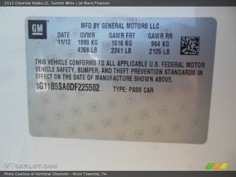 Summit White / Jet Black/Titanium 2013 Chevrolet Malibu LS