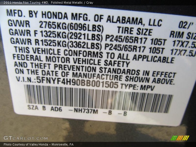 Polished Metal Metallic / Gray 2011 Honda Pilot Touring 4WD