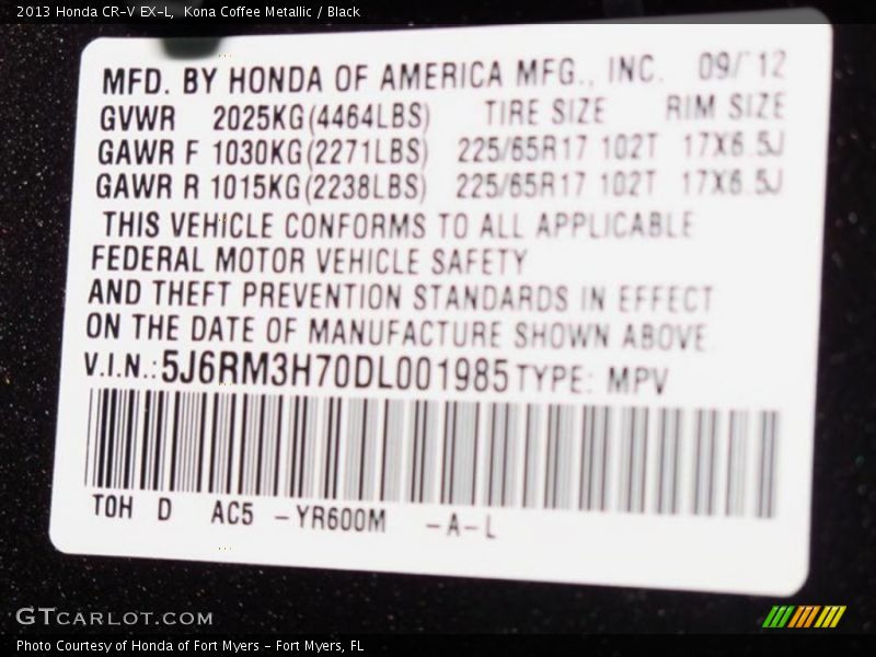 Kona Coffee Metallic / Black 2013 Honda CR-V EX-L