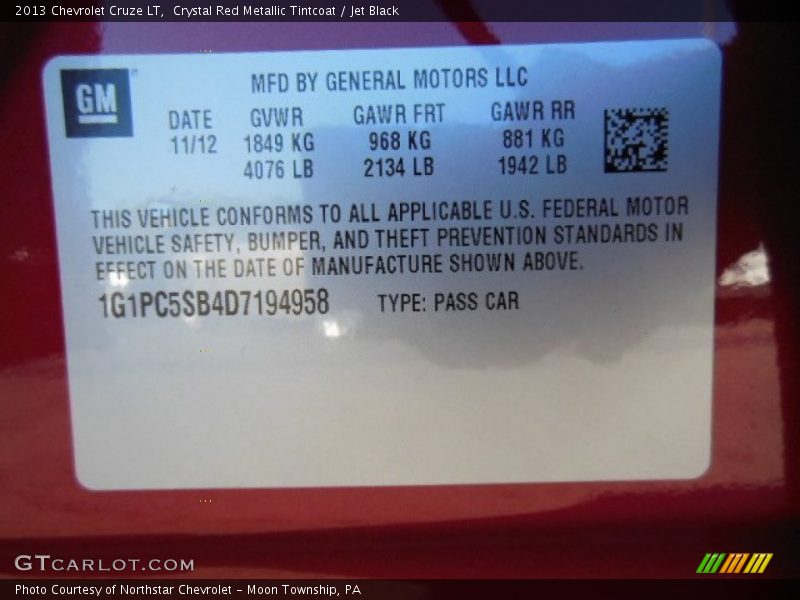 Crystal Red Metallic Tintcoat / Jet Black 2013 Chevrolet Cruze LT