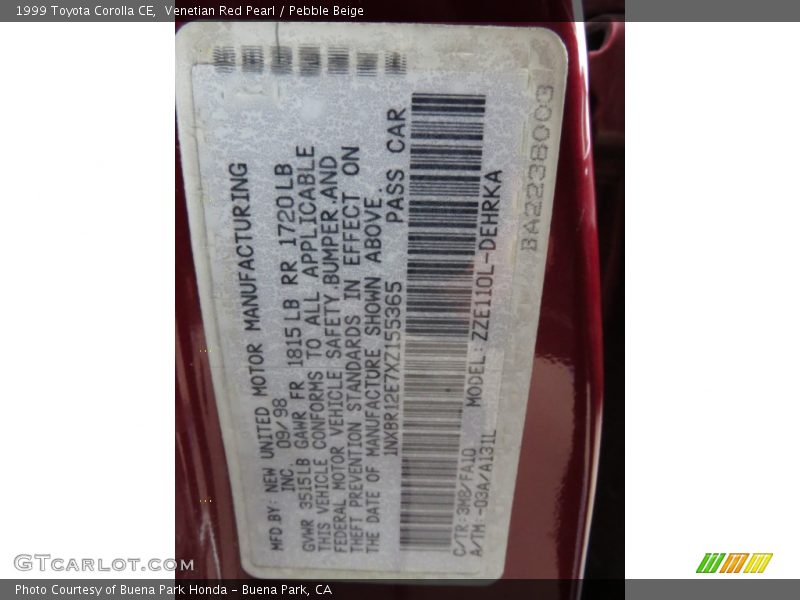 Venetian Red Pearl / Pebble Beige 1999 Toyota Corolla CE