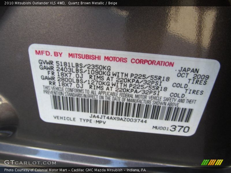 Quartz Brown Metallic / Beige 2010 Mitsubishi Outlander XLS 4WD