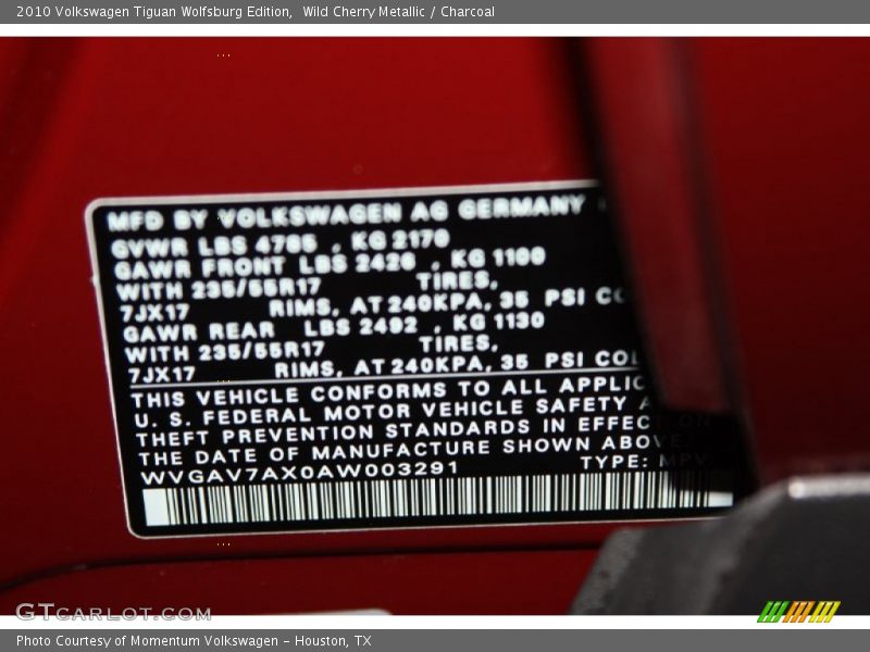Wild Cherry Metallic / Charcoal 2010 Volkswagen Tiguan Wolfsburg Edition