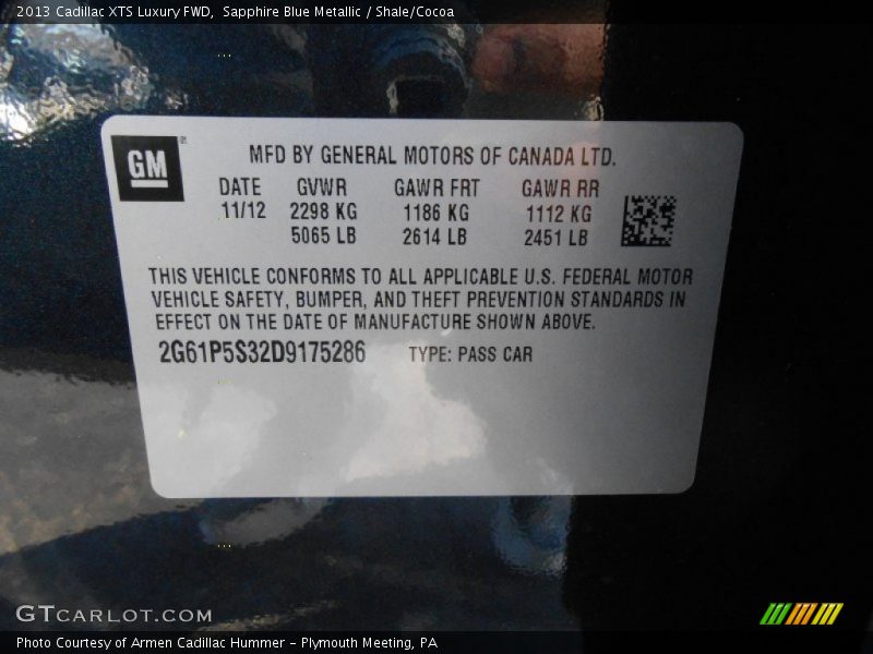 Sapphire Blue Metallic / Shale/Cocoa 2013 Cadillac XTS Luxury FWD