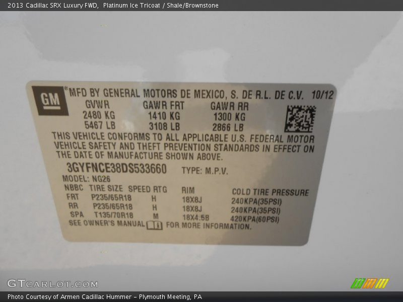 Platinum Ice Tricoat / Shale/Brownstone 2013 Cadillac SRX Luxury FWD
