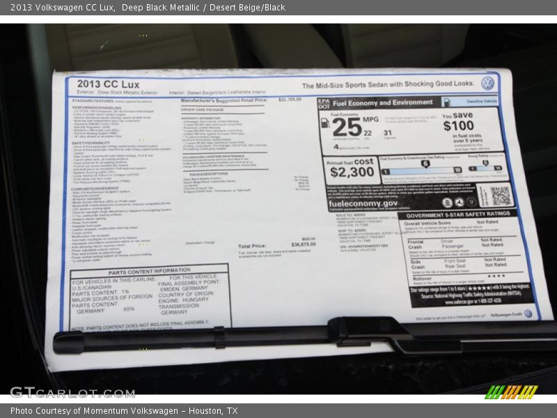 Deep Black Metallic / Desert Beige/Black 2013 Volkswagen CC Lux