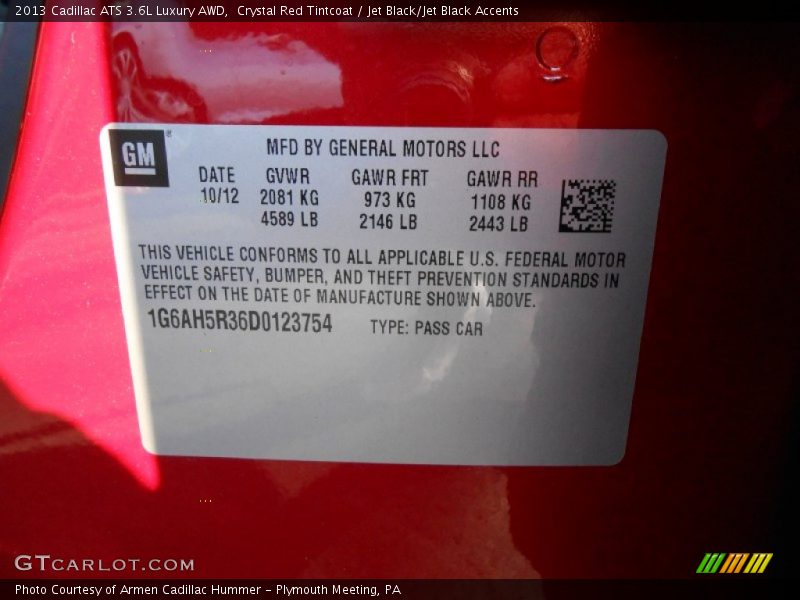 Crystal Red Tintcoat / Jet Black/Jet Black Accents 2013 Cadillac ATS 3.6L Luxury AWD