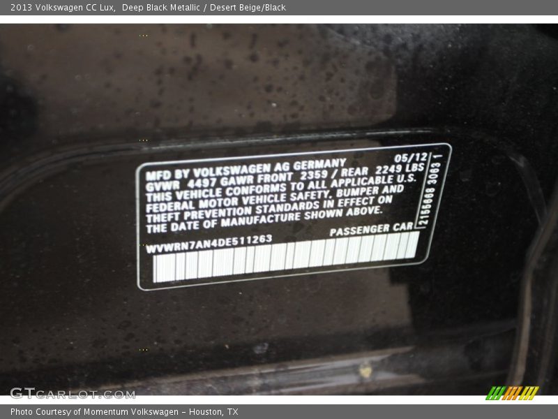 Deep Black Metallic / Desert Beige/Black 2013 Volkswagen CC Lux