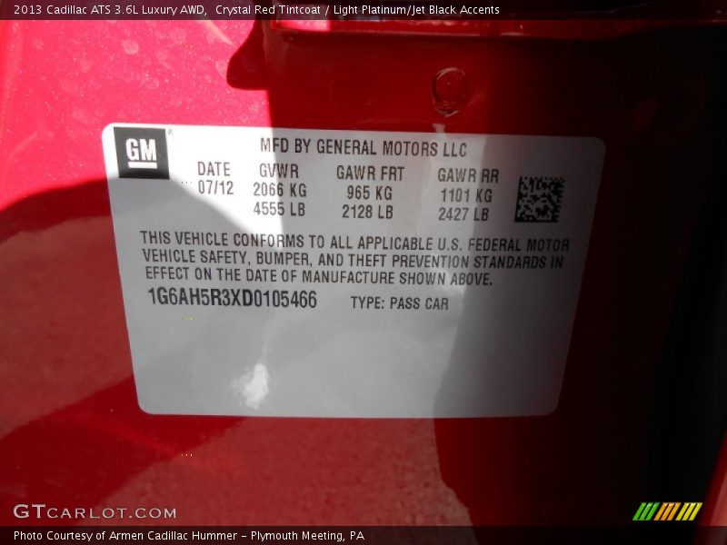 Crystal Red Tintcoat / Light Platinum/Jet Black Accents 2013 Cadillac ATS 3.6L Luxury AWD