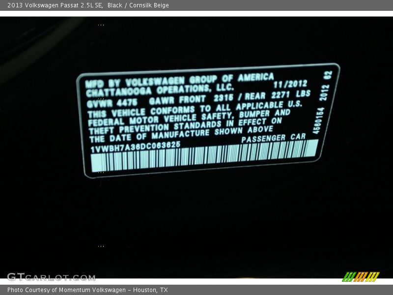 Black / Cornsilk Beige 2013 Volkswagen Passat 2.5L SE