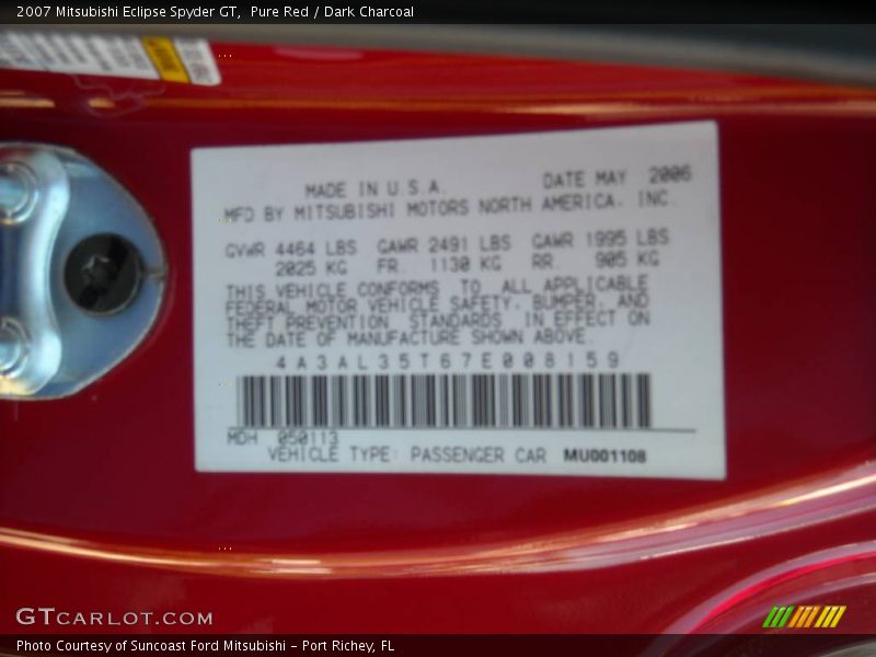 Pure Red / Dark Charcoal 2007 Mitsubishi Eclipse Spyder GT