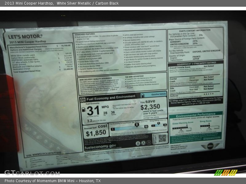 White Silver Metallic / Carbon Black 2013 Mini Cooper Hardtop