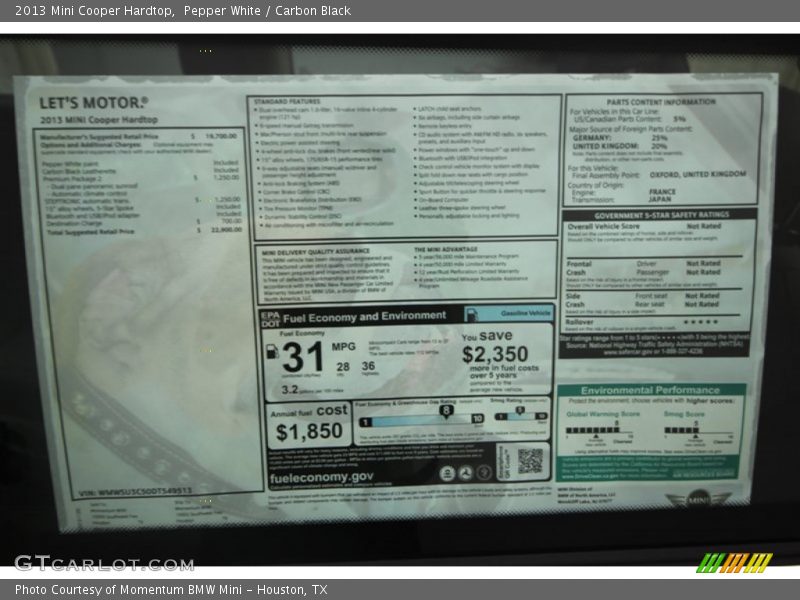 Pepper White / Carbon Black 2013 Mini Cooper Hardtop