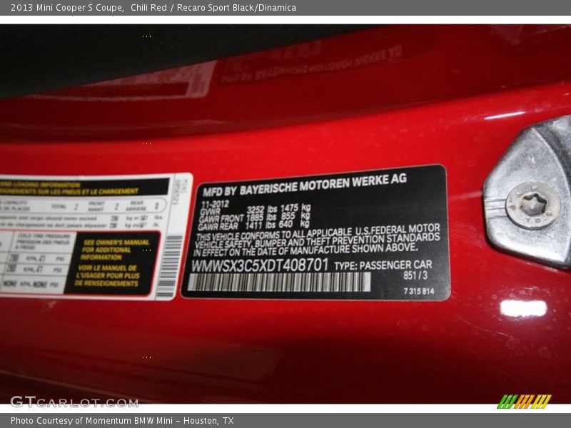 2013 Cooper S Coupe Chili Red Color Code 851
