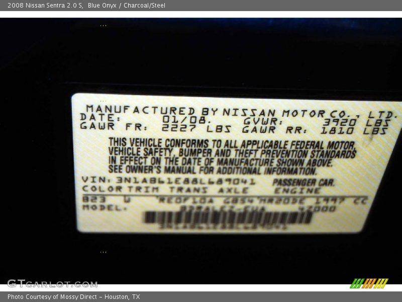 Blue Onyx / Charcoal/Steel 2008 Nissan Sentra 2.0 S
