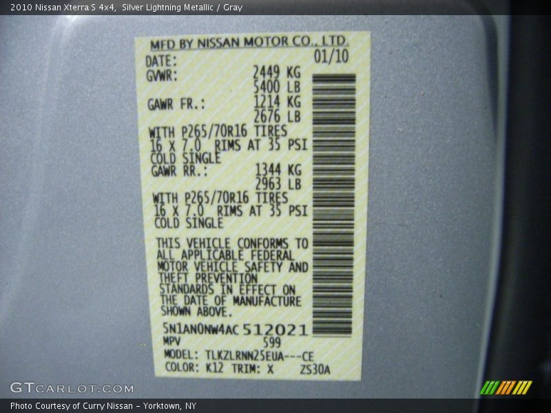Silver Lightning Metallic / Gray 2010 Nissan Xterra S 4x4