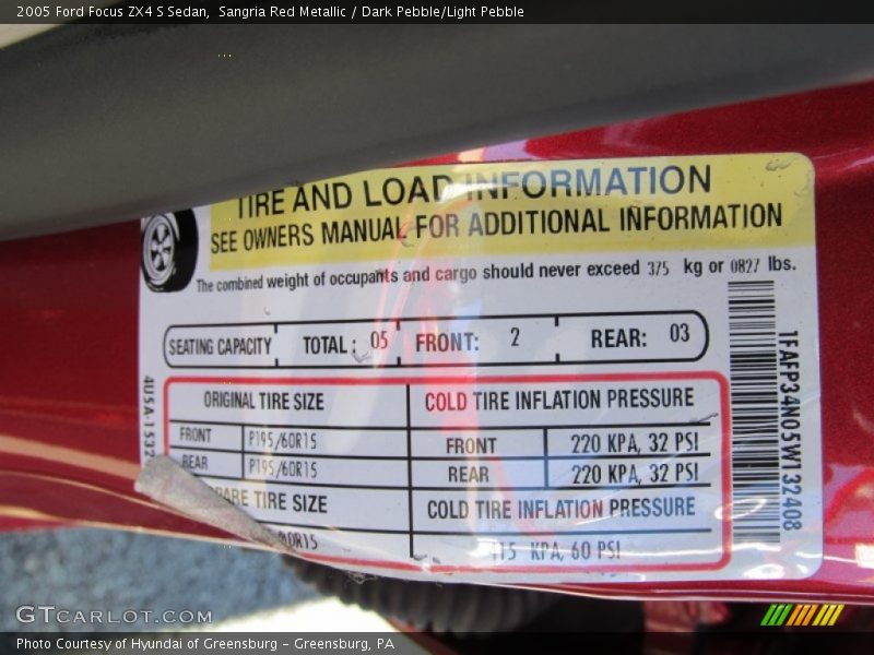Info Tag of 2005 Focus ZX4 S Sedan