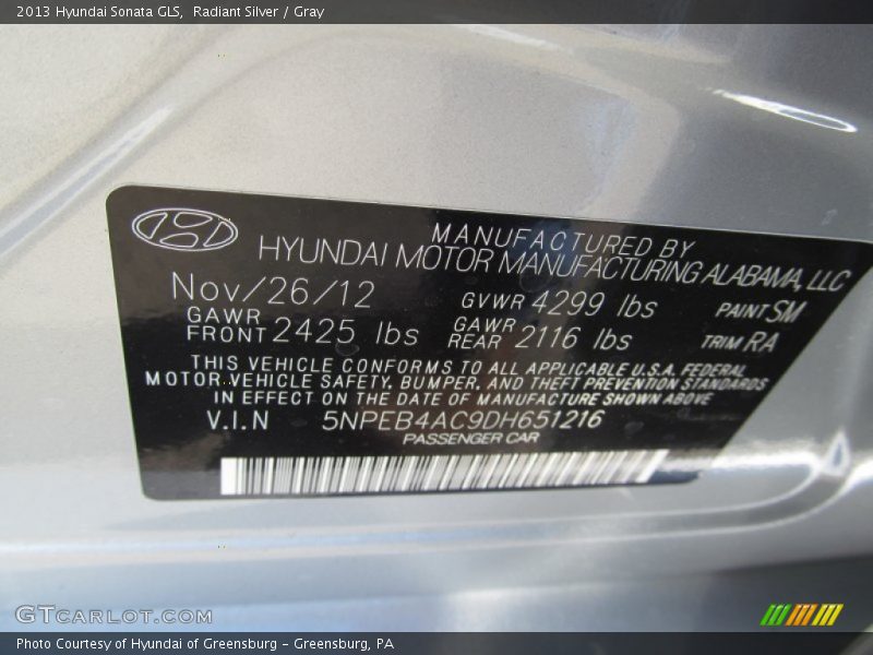 Radiant Silver / Gray 2013 Hyundai Sonata GLS