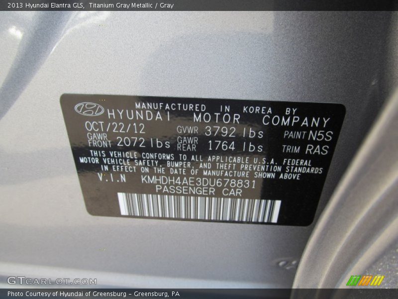 Titanium Gray Metallic / Gray 2013 Hyundai Elantra GLS