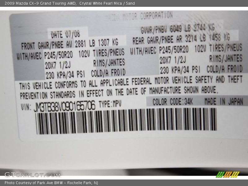 Crystal White Pearl Mica / Sand 2009 Mazda CX-9 Grand Touring AWD