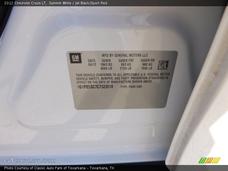 Summit White / Jet Black/Sport Red 2012 Chevrolet Cruze LT