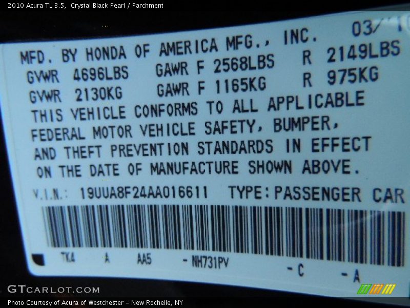 Crystal Black Pearl / Parchment 2010 Acura TL 3.5