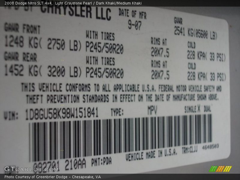 Light Graystone Pearl / Dark Khaki/Medium Khaki 2008 Dodge Nitro SLT 4x4