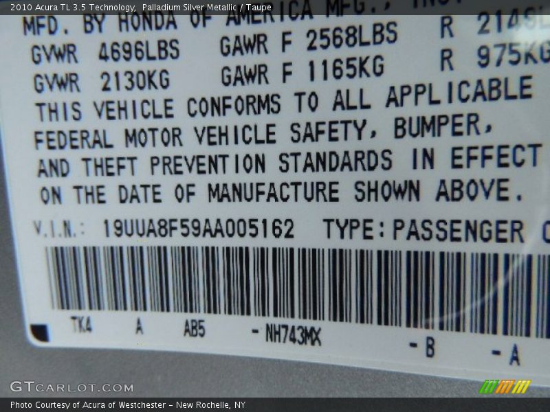 Palladium Silver Metallic / Taupe 2010 Acura TL 3.5 Technology