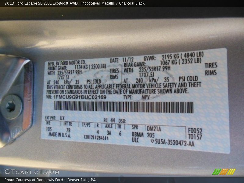 Ingot Silver Metallic / Charcoal Black 2013 Ford Escape SE 2.0L EcoBoost 4WD