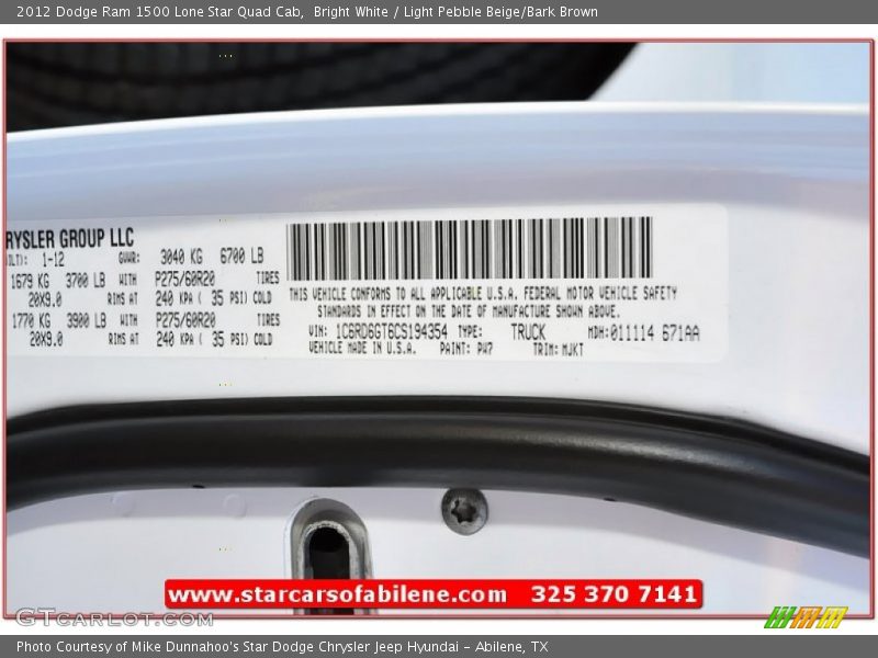 Bright White / Light Pebble Beige/Bark Brown 2012 Dodge Ram 1500 Lone Star Quad Cab