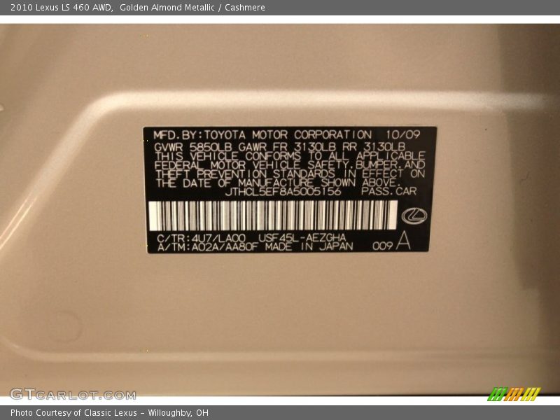 2010 LS 460 AWD Golden Almond Metallic Color Code 4U7