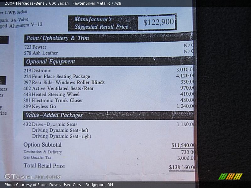  2004 S 600 Sedan Window Sticker