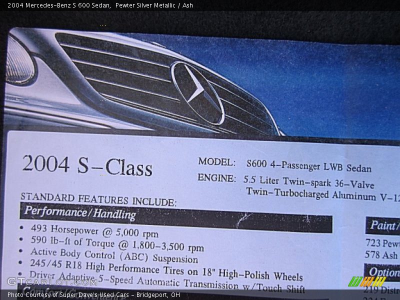  2004 S 600 Sedan Window Sticker